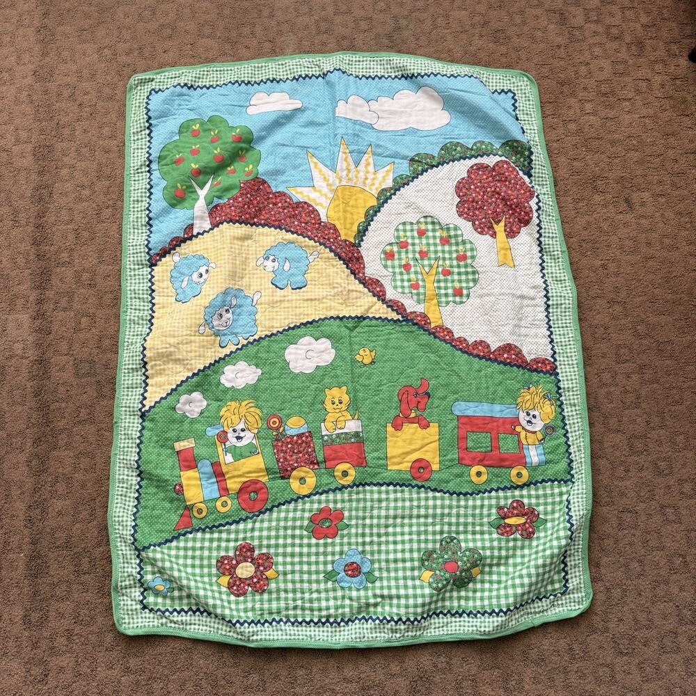 Vintage quilt for baby nursery Trains and animals